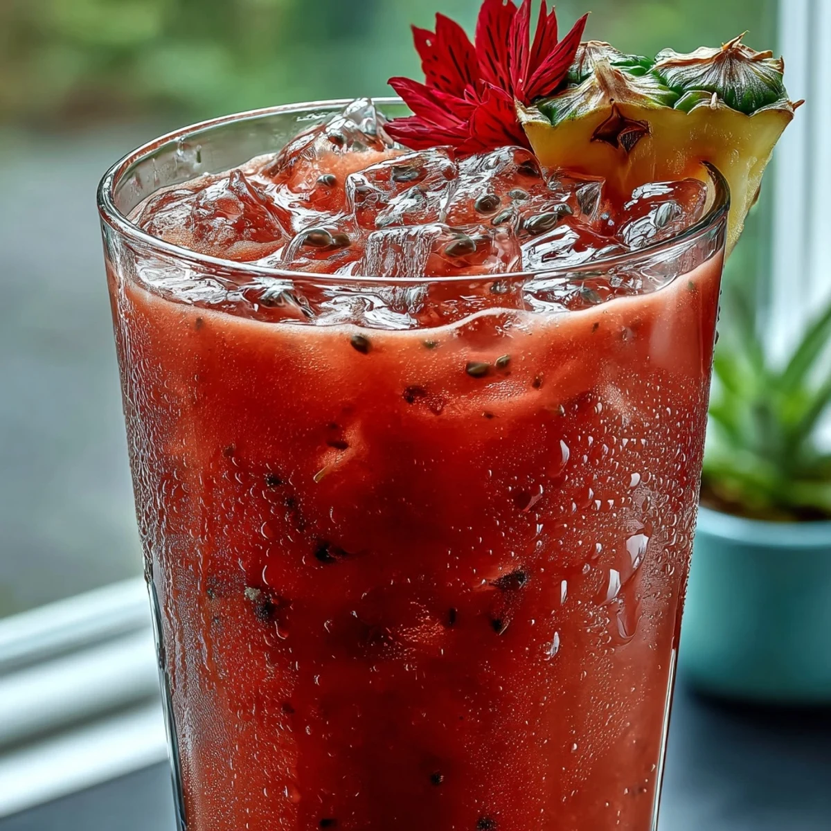 Vibrant Iced Guava Passionfruit Drink with creamy coconut milk and a pineapple-ginger syrup swirl.