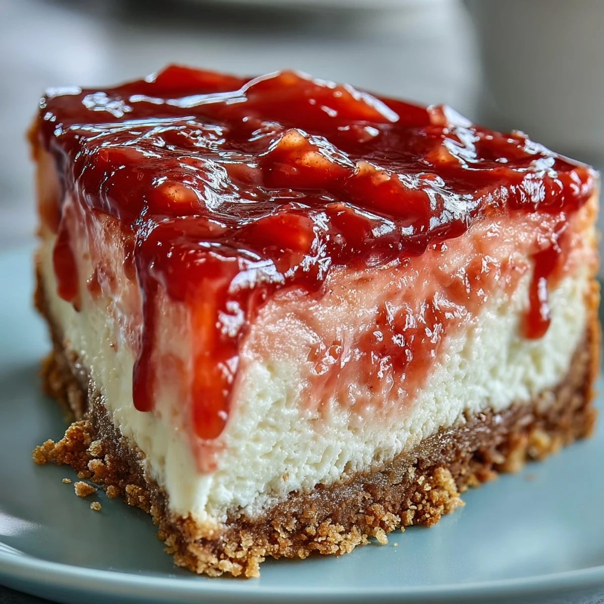 Slices of creamy Easy Guava Swirl Cheesecake served chilled with fresh mint and extra guava drizzle.