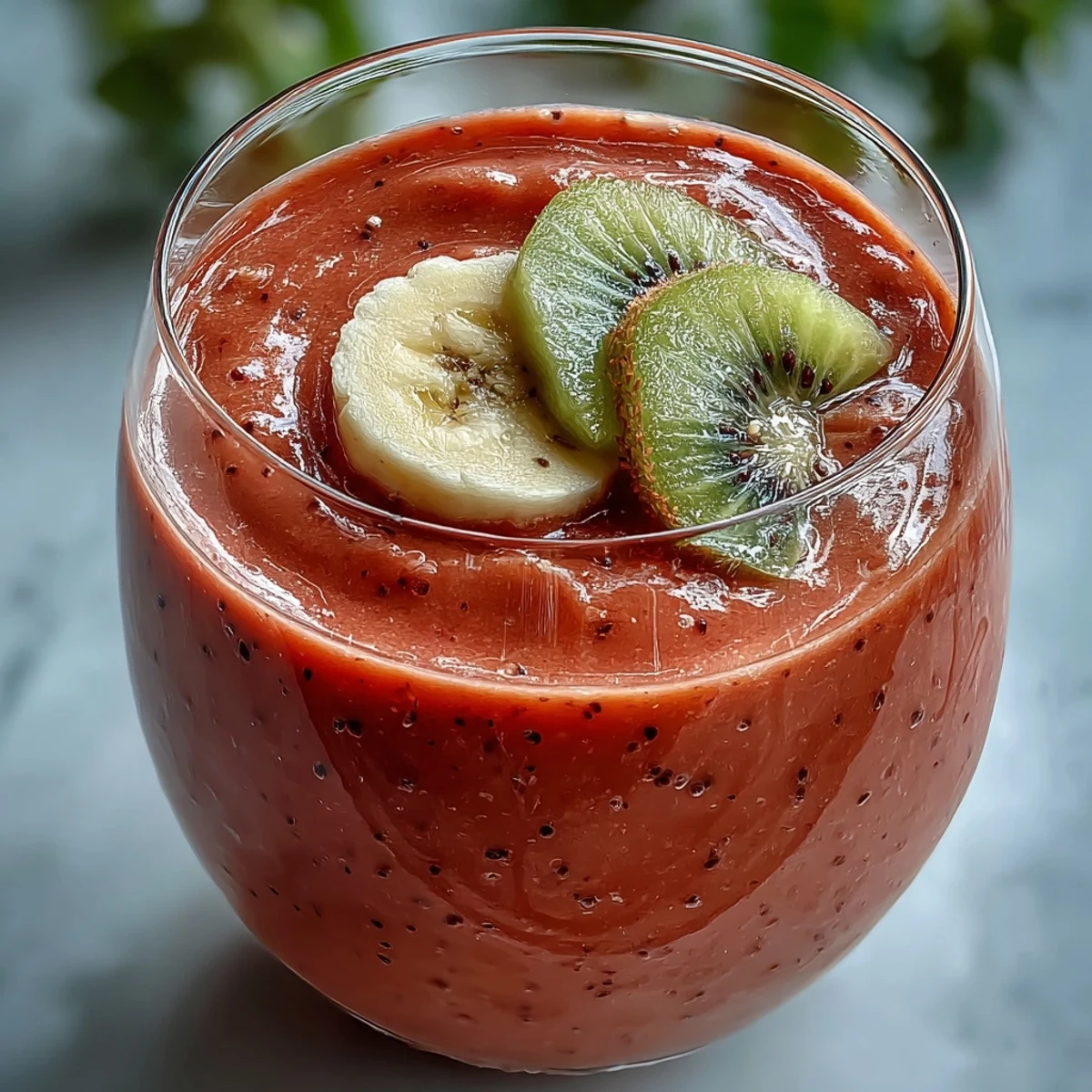 Two glasses of creamy Guava Banana Smoothie garnished with fresh guava slices and banana, capturing the refreshing tropical drink in bright morning light.
