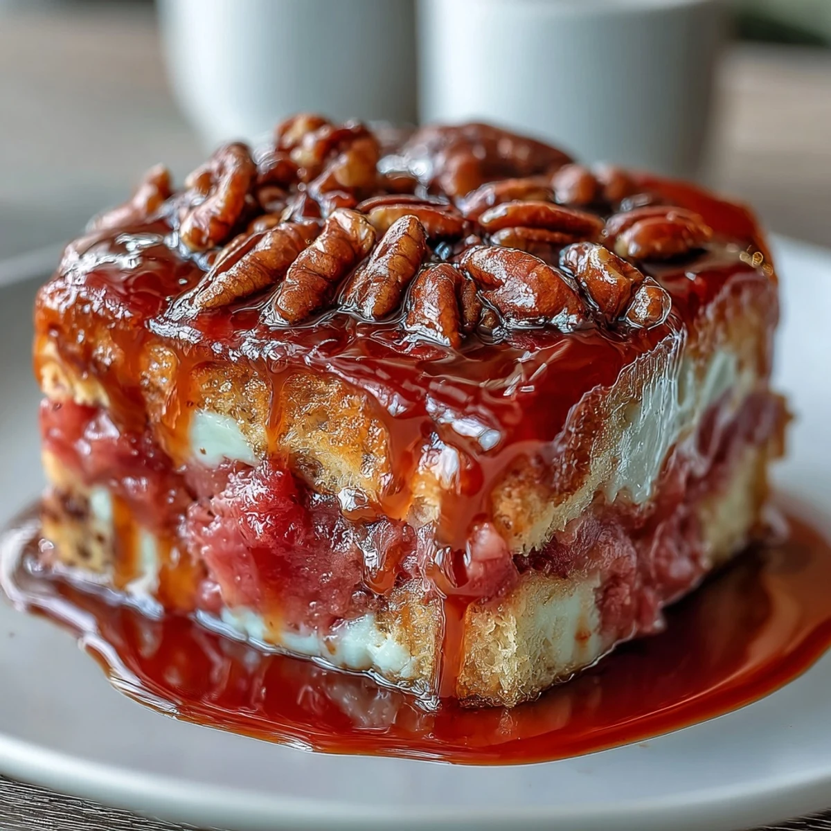 A close-up view of Guava Caramel Bread Pudding With Pecans with a rich, golden-brown crust.