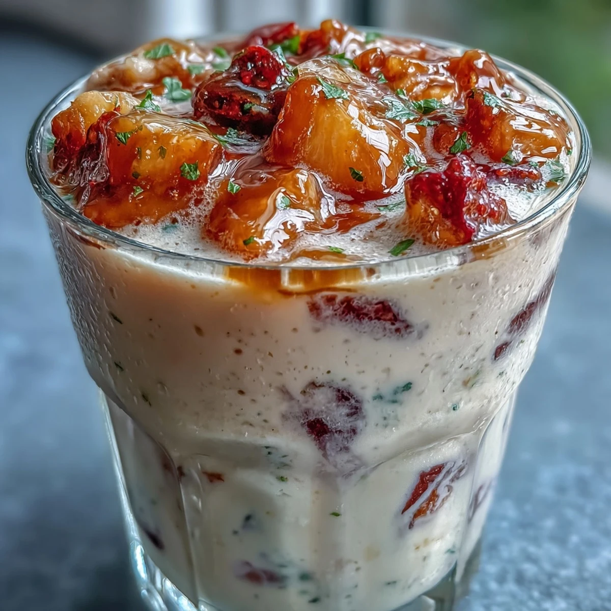 Creamy and sweet guava juice smoothie with Greek yogurt, honey, and frozen fruit served in a chilled glass.