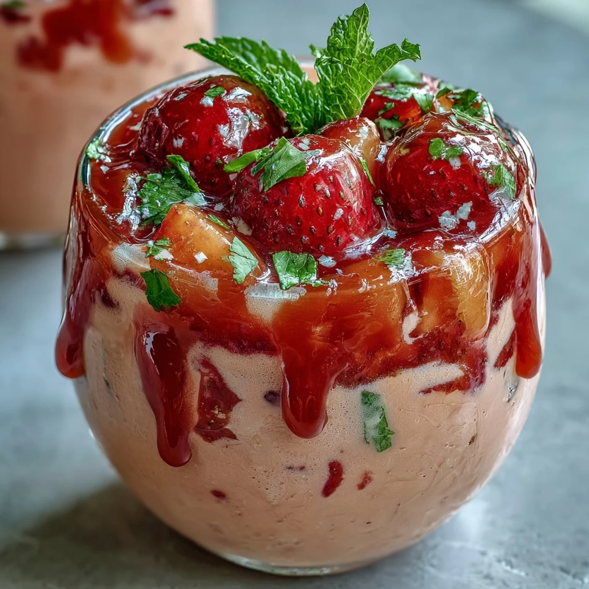 Refreshing tropical guava juice smoothie blended with mixed fruit, Greek yogurt, and a drizzle of honey for breakfast.