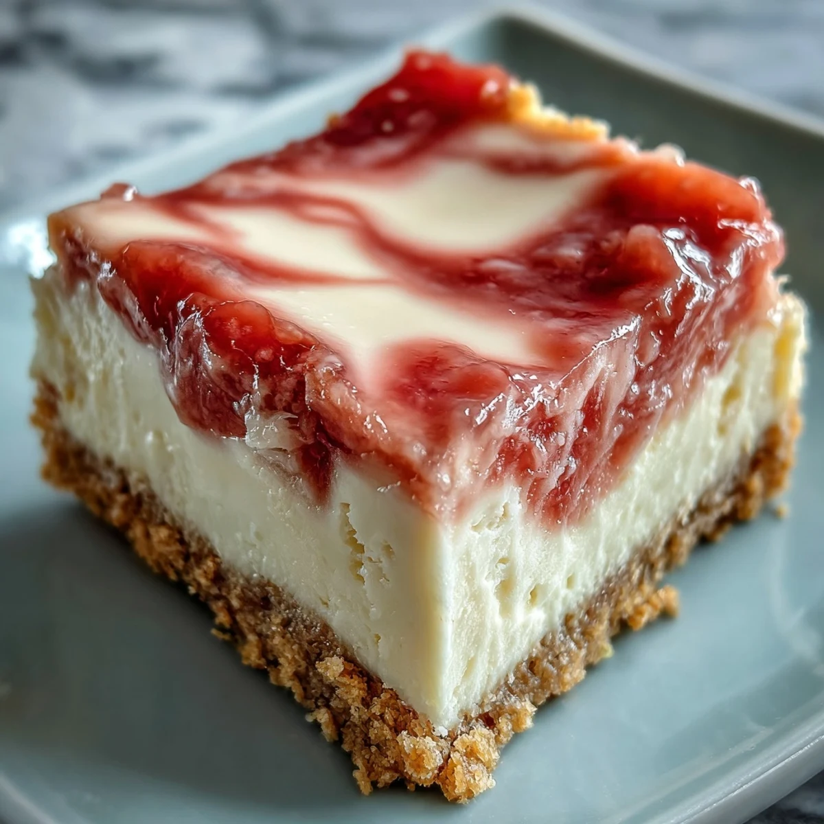 An elegant presentation of guava cheesecake slices with vibrant pink swirls on a white plate.