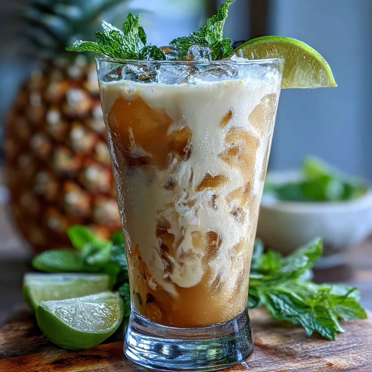 Refreshing DIY Iced Guava Passionfruit Drink with creamy coconut milk and tropical fruit garnishes, served over ice in tall glasses.