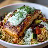 Crispy rice salmon bowl with golden pan-seared salmon fillet atop crunchy rice, drizzled with lemon-yogurt sauce.