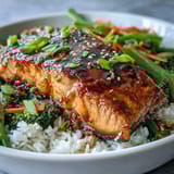 The finished Teriyaki Salmon Bowl features glazed salmon fillets nestled on fluffy rice with crisp, vibrant stir-fried vegetables and green onions.