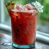 Glistening Iced Guava Passionfruit Drink served in a clear glass with tropical fruit garnishes.