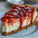 Close-up of no-bake Easy Guava Swirl Cheesecake slice served on a white dessert plate.