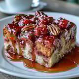 Slices of warm Guava Caramel Bread Pudding With Pecans reveal a moist custard interior with visible pecan pieces.