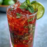 A close-up of a Guava Mojito in a highball glass filled with crushed ice, mint sprigs, and a fresh lime wheel garnish.