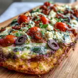 Golden-baked cottage cheese flatbread pizza topped with savory sauce, fresh spinach, and juicy cherry tomatoes.