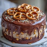 Decadent Father's Day chocolate peanut butter pretzel cake, creamy layers, crunchy topping.