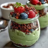 Creamy avocado chia pudding parfait bursting with fresh berries and crunchy granola.