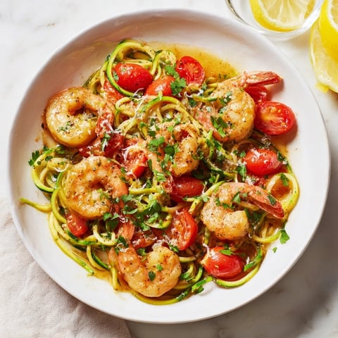 Garlic butter shrimp with zucchini noodles: a plate piled high with golden shrimp and tender zucchini.