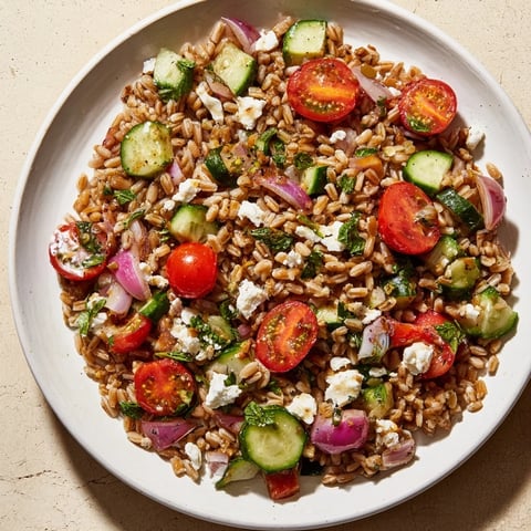 A bright bowl of Farro Salad with lemon, herbs, and feta, ready to enjoy.