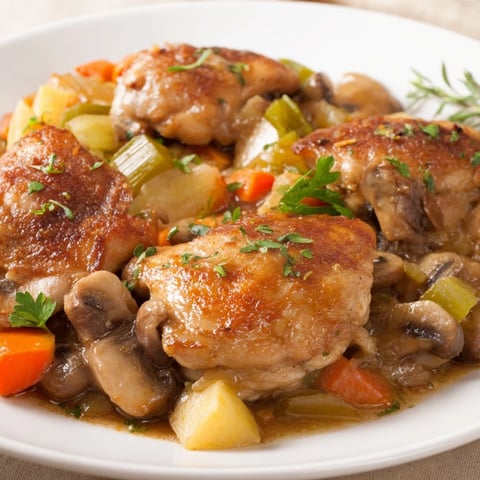 Steaming Rustic Chicken and Mushroom Stew with tender chicken and earthy mushrooms, ready to serve and enjoy.