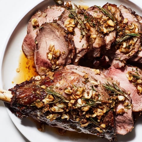 Golden, roasted Garlic and Rosemary Roast Leg of Lamb, perfectly cooked and ready to carve.