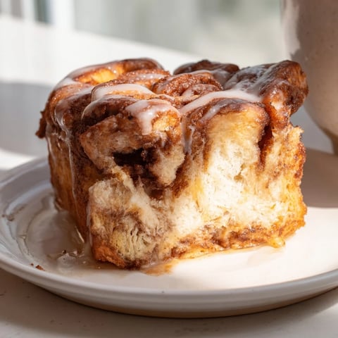 Fluffy cinnamon swirl pull-apart bread, golden brown and drizzled with sweet glaze, smells divine.