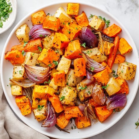 Golden-brown Herb-Crusted Winter Root Vegetable Roast glistening with herbs, ready for a festive holiday meal.