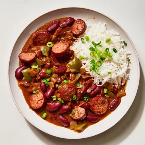 Steaming bowl of Red Beans & Rice, featuring smoky sausage and fresh green onion garnish.