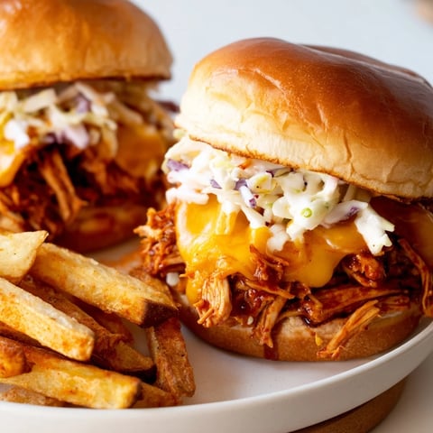 BBQ chicken sliders piled high, alongside a mountain of golden, crispy fries for dinner.