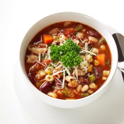 Steaming bowl of Pasta e Fagioli Soup, garnished with fresh parsley and ready to eat.
