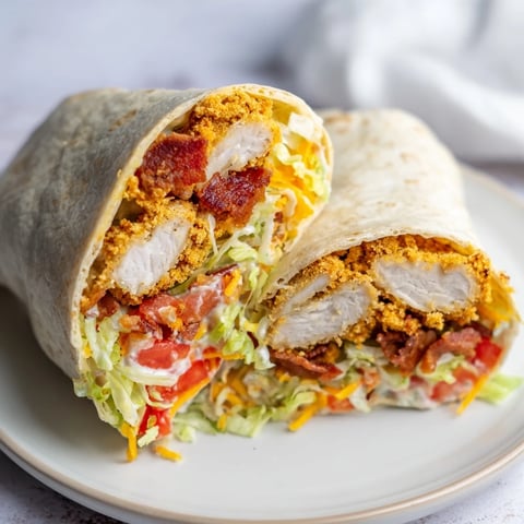 Golden-brown Crispy Chicken Bacon Ranch Wrap, filled with savory bacon, fresh veggies, ready to eat.
