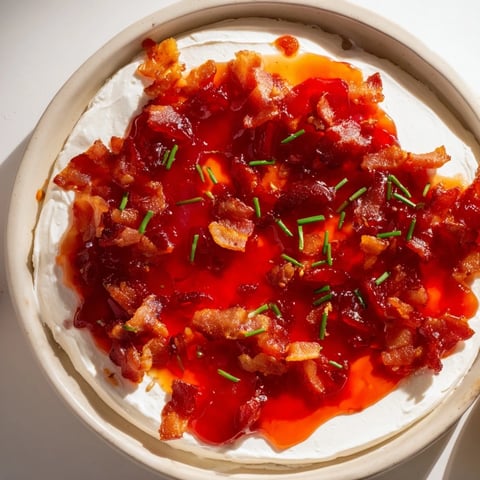 Delicious Easy Bacon Pepper Jelly appetizer, crispy bacon topping creamy cheese, served with crackers.