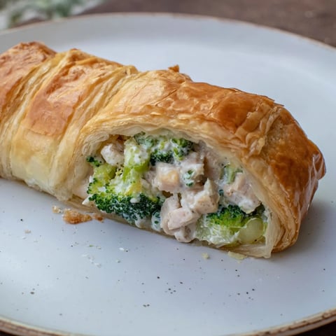 Golden, flaky Creamy Chicken and Broccoli Puff Pastry Rolls, steaming hot and ready to eat for dinner.