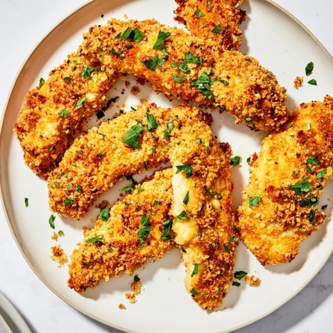 Golden-brown Garlic Parmesan Chicken Tenders, crispy and inviting, ready to be served hot.