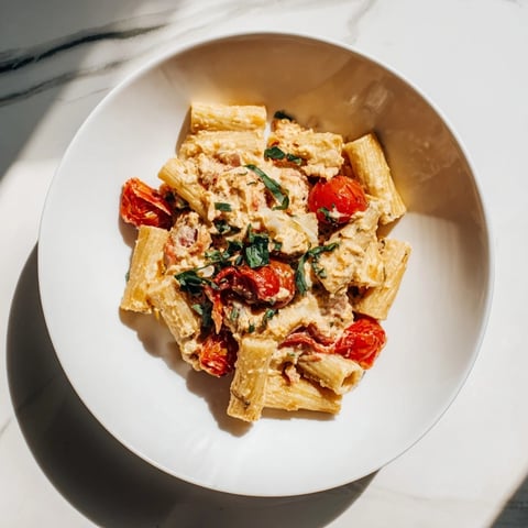 Four-Cheese Baked Block Pasta with bubbly cheese and roasted tomatoes, ready to serve and enjoy.