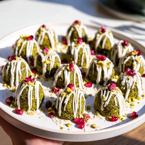 Visually stunning Matcha Pistachio Christmas Tree Energy Bites, a vibrant green holiday treat, ready to enjoy.