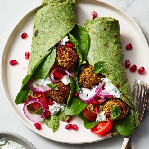 A festive Christmas wreath wrap made with crispy falafel and creamy tzatziki filling the tortillas.