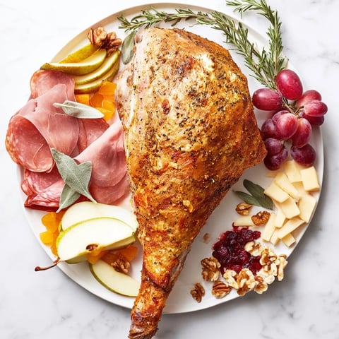 Thanksgiving Turkey Legs Charcuterie presents a beautiful spread with roasted turkey legs and festive charcuterie items.