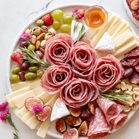 A Meat and Cheese Rose Garden Board with colorful meats and cheeses is ready to enjoy.
