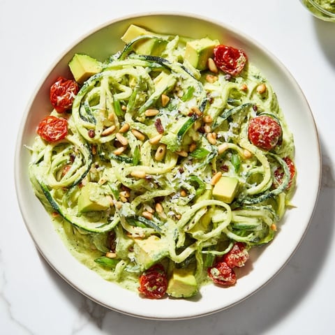 Creamy Green Goddess Zoodle Pasta: vibrant dish showcasing the zoodles with fresh herbs and tomatoes.