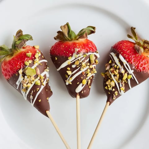 Chocolate-Dipped Strawberry Skewers glistening with melted chocolate, ready for a delightful, easy dessert.