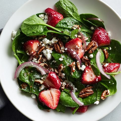 Fresh Spinach Strawberry Salad, tossed with a sweet poppy seed dressing, ready to eat.