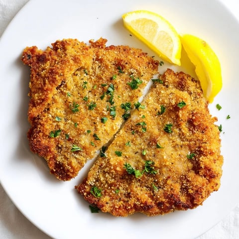 Golden, crispy German Schnitzel cutlet ready to eat, served with bright lemon wedges and fresh parsley.