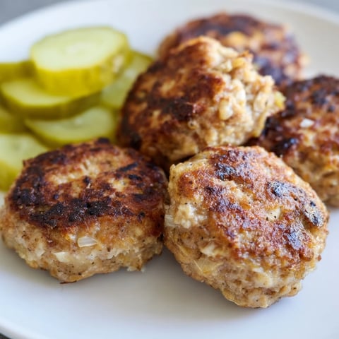 Golden brown Danish frikadeller, pan-fried to perfection with tangy pickles ready for lunch.
