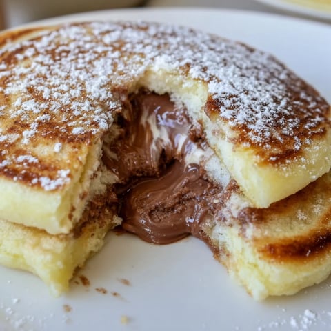 Golden brown Nutella stuffed pancakes with a warm, gooey chocolate-hazelnut center, served stacked on a white plate with maple syrup.