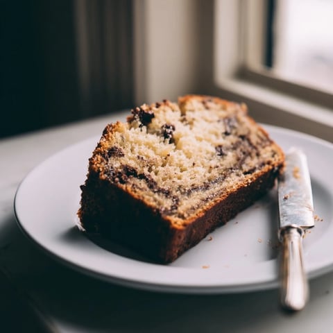 A slice of moist homemade banana bread with chocolate chips, served warm on a white plate.