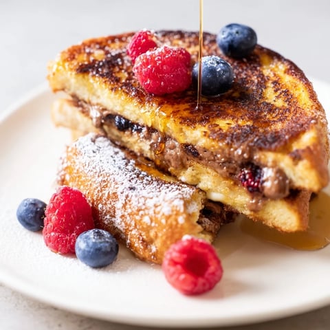Golden-brown Nutella Brioche French Toast glistening with maple syrup and fresh berries on a rustic plate.  