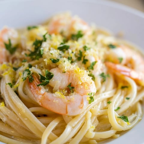 A skillet of sizzling Garlic Butter Shrimp Linguine with golden shrimp nestled in glossy pasta strands, topped with fresh parsley.  