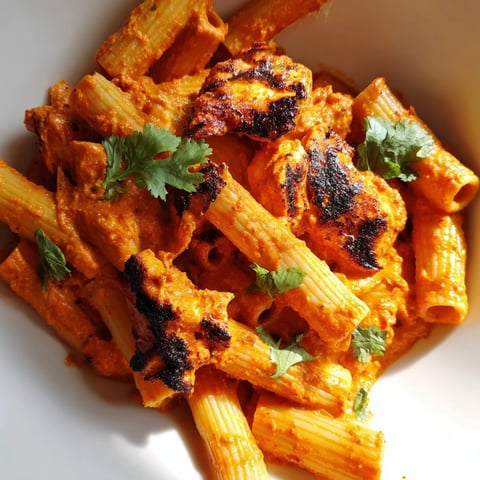 A close-up of Chicken Tikka Pasta, with penne noodles coated in a creamy, spiced tomato sauce and tender charred chicken pieces, garnished with fresh cilantro.