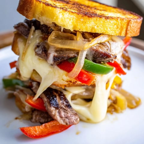 Golden-brown Philly Cheesesteak Grilled Cheese oozing with melted provolone, ribeye steak strips, and sautéed peppers and onions.