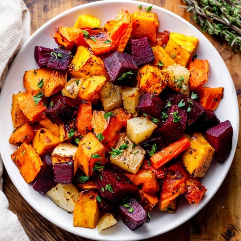 Roasted Root Vegetable Medley, featuring caramelized carrots, parsnips, and sweet potatoes garnished with fresh parsley.