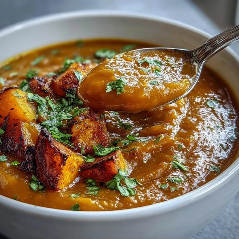 Golden roasted butternut squash cubes simmer with red lentils in a savory, aromatic broth, ready to be blended into a creamy soup.