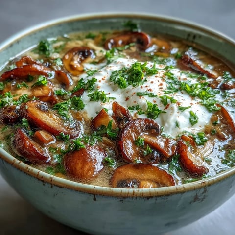 Creamy Mushroom Stroganoff Soup steaming in a rustic bowl, topped with fresh parsley and a dollop of sour cream.