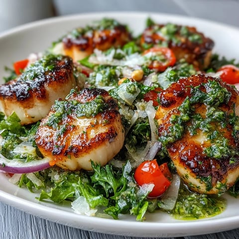 Golden seared scallops topped on a crisp escarole salad with cherry tomatoes and drizzled with basil pesto vinaigrette.